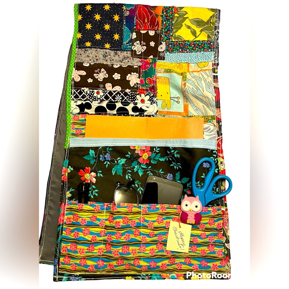 Handmade OOAK organizer for armchair scrap art fabric